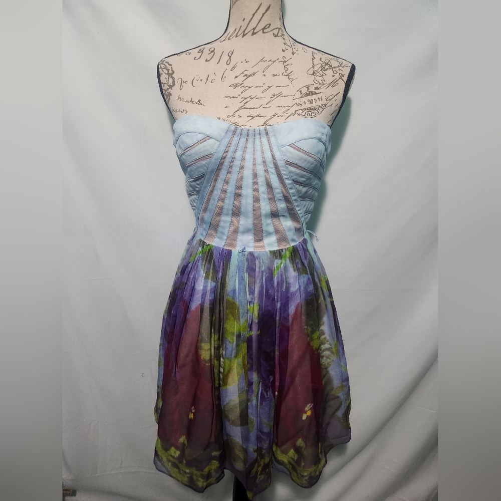 Aidan Mattox Silk Blue Strapless Dress W Watercolor Floral Skirt. Size 2. Prom